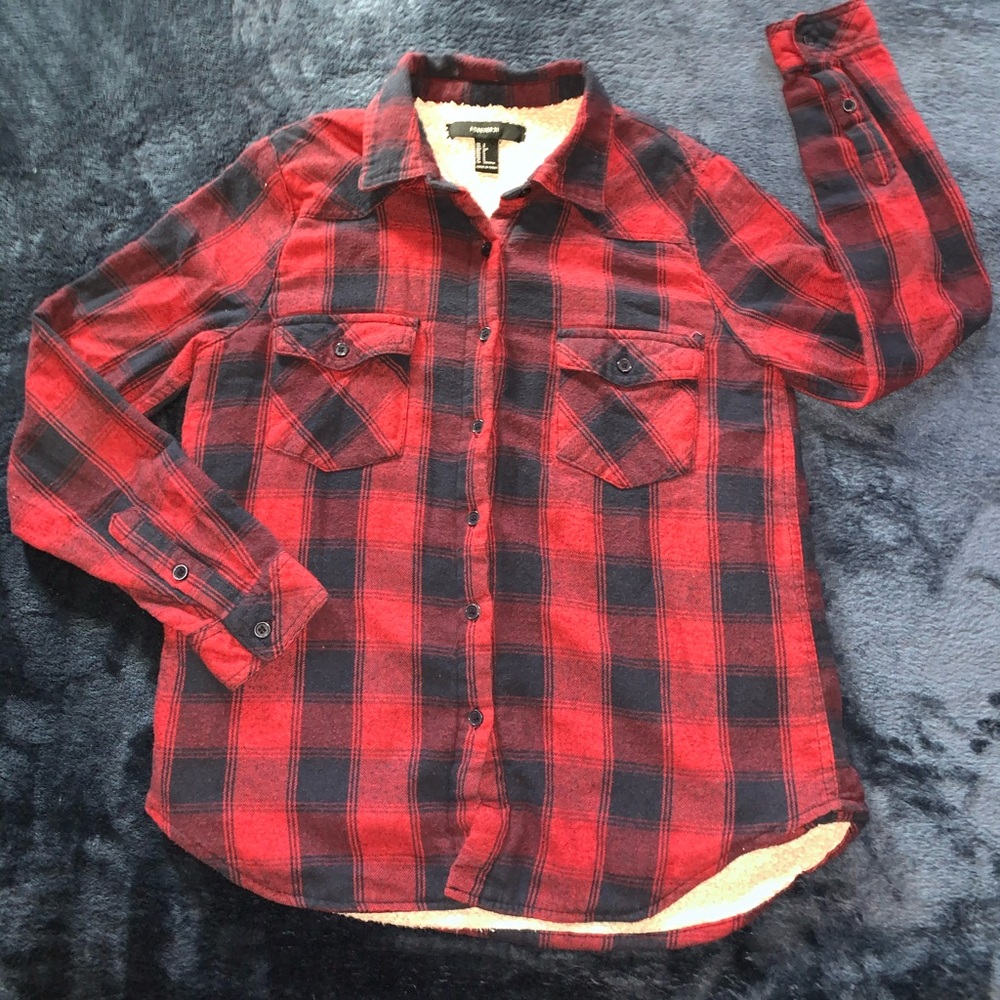 Forever 21 Sherpa flannel sweater/ red and navy
